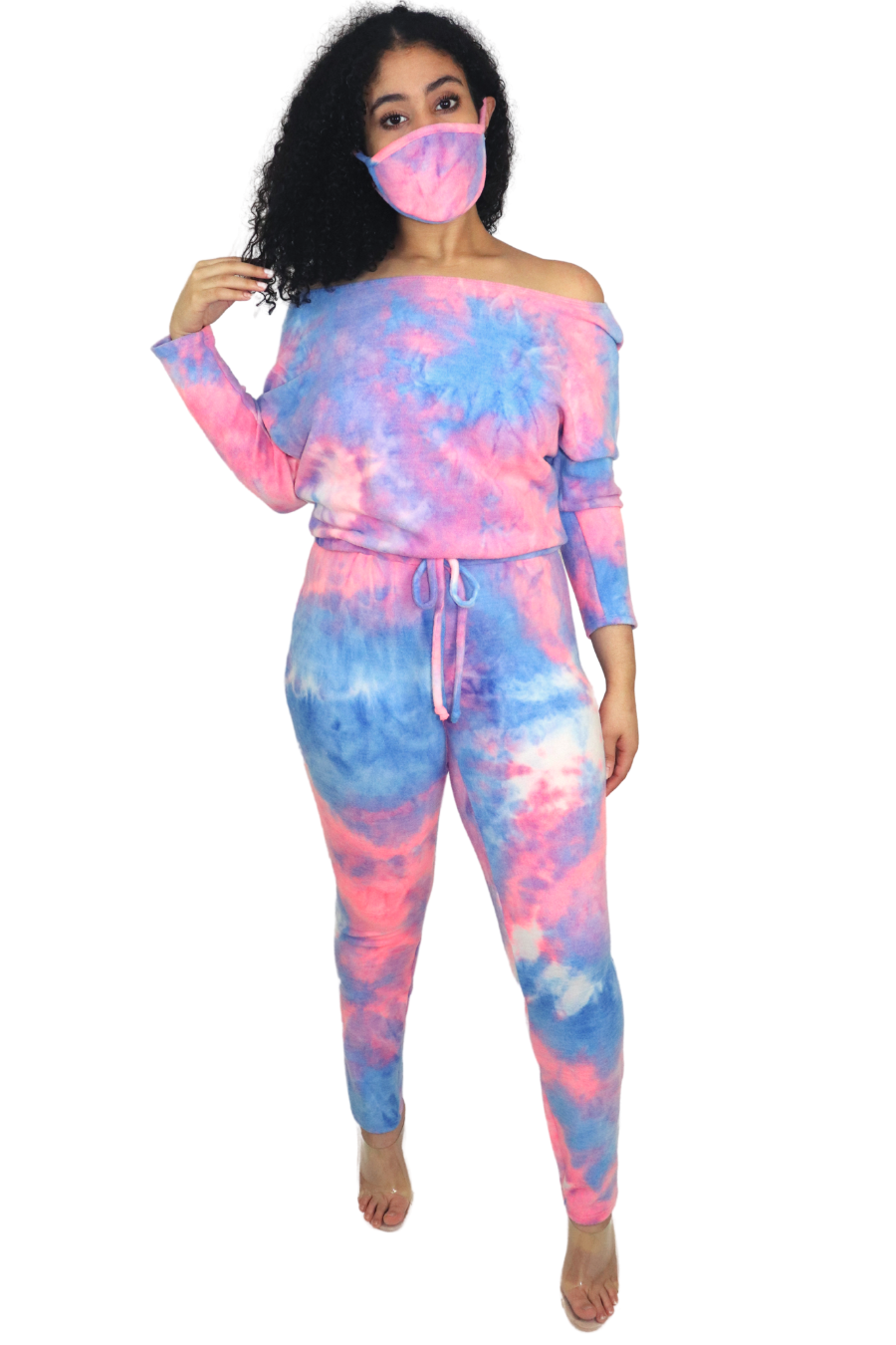 Vegan clothing, Let This Tie Dye Jumpsuit Set Become Your Favorite Outfit 2 Piece Open Shoulder & Including Matching Face Mask Stretch & Comfortable Jumpsuit True To Size